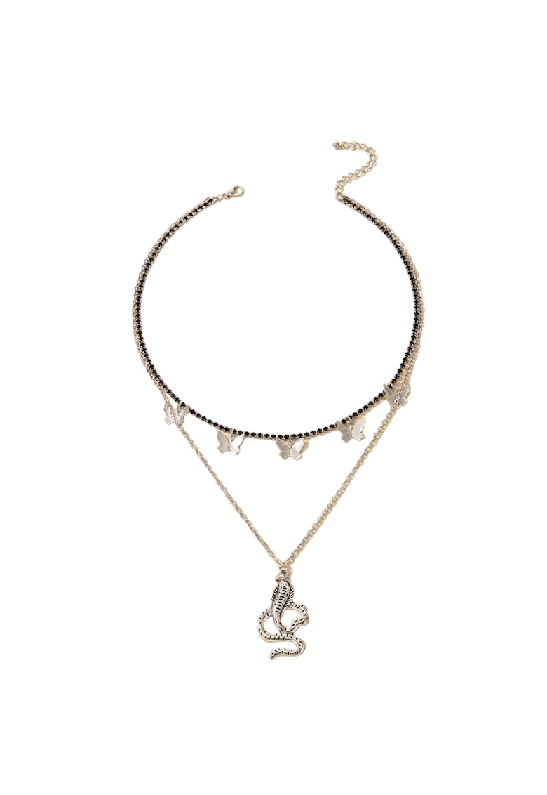 Colier argintiu - in 2 straturi - cu pietre negre - fluturi si sarpe - Obed C29 -