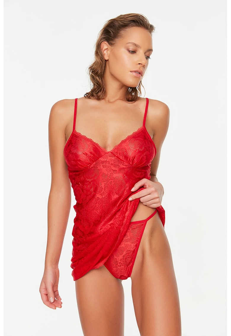 Set de neglijeu de dantela semitransparent si chiloti tanga