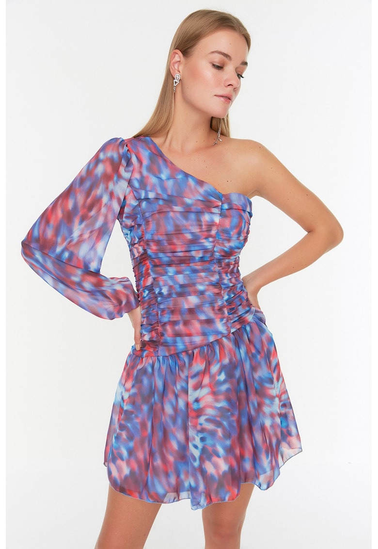 Rochie cu decolteu pe un umar si aspect tie-dye