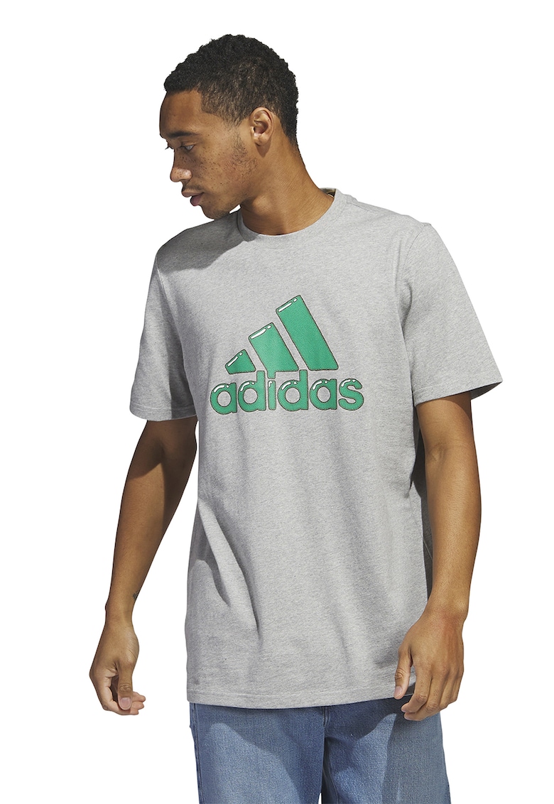 Tricou cu decolteu la baza gatului si imprimeu logo - Verde/Gri melange