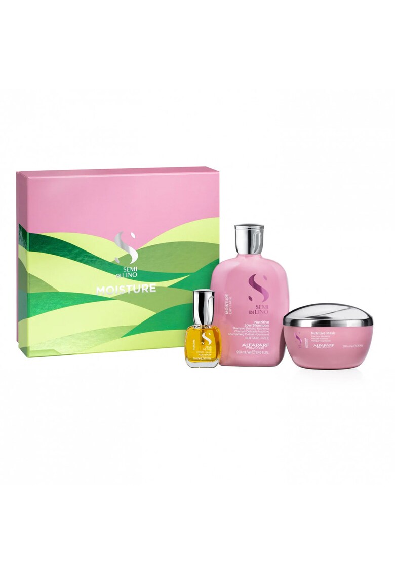 Set ingrijire par Alfaparf Semi Di Lino Moisture Nutritive Sampon 250 ml - Masca 200 ml - Ulei pentru stralucire 15 ml