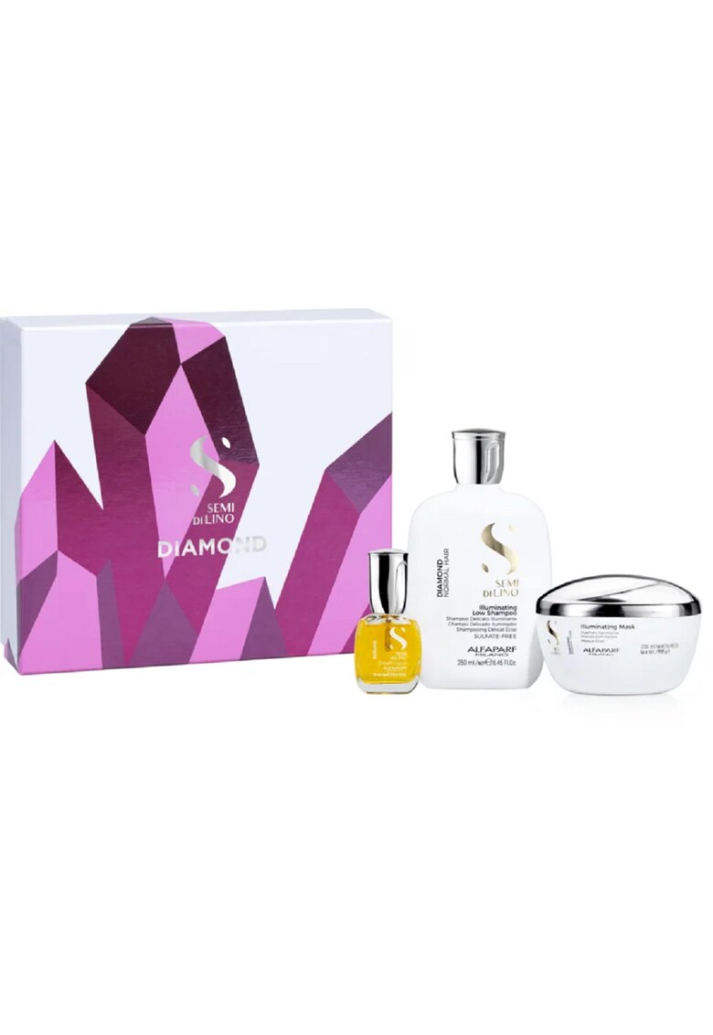 Set pentru par normal - Alfaparf Milano Semi di Lino Diamond Illuminating - sampon 250 ml - balsam 200 ml - ulei 15 ml