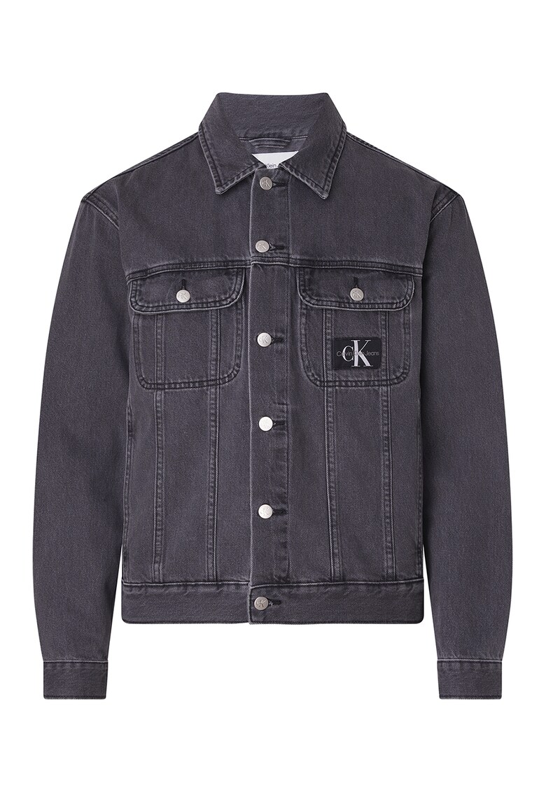 Jacheta de denim cu buzunare aplicate pe piept - Gri inchis