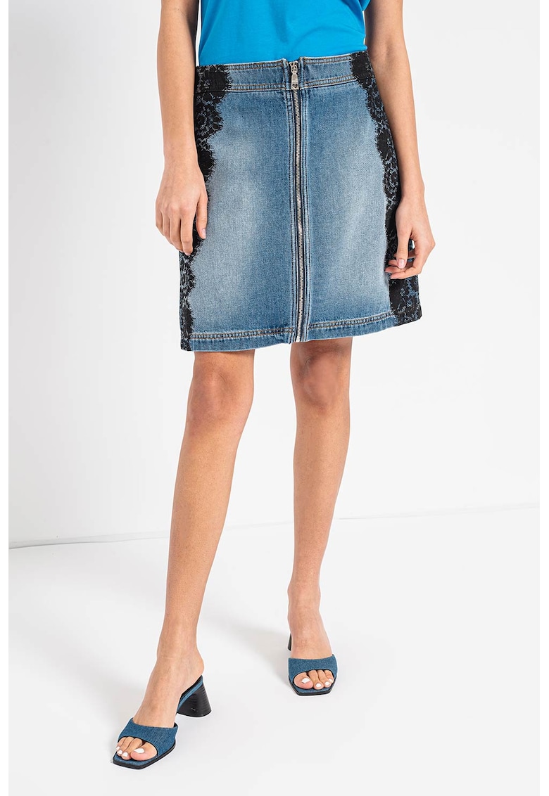Fusta de denim cu detalii de dantela