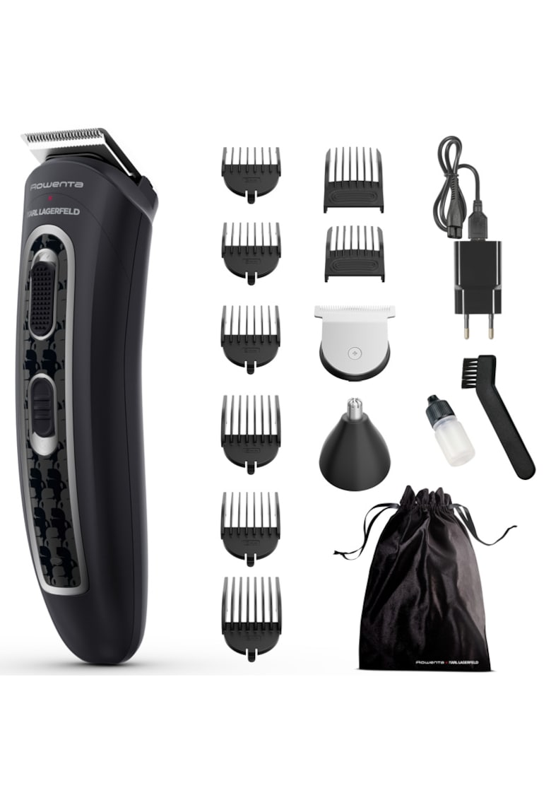 Aparat de tuns parul si barba x Karl Lagerfeld Trim & Style 12 in 1 - autonomie 120 min - capat pentru barba cu 2 piepteni - capat pentru par cu 6 piepteni - accesoriu nas&urechi - 6500 rpm - kit curatare&intretinere - husa - negru/rosu