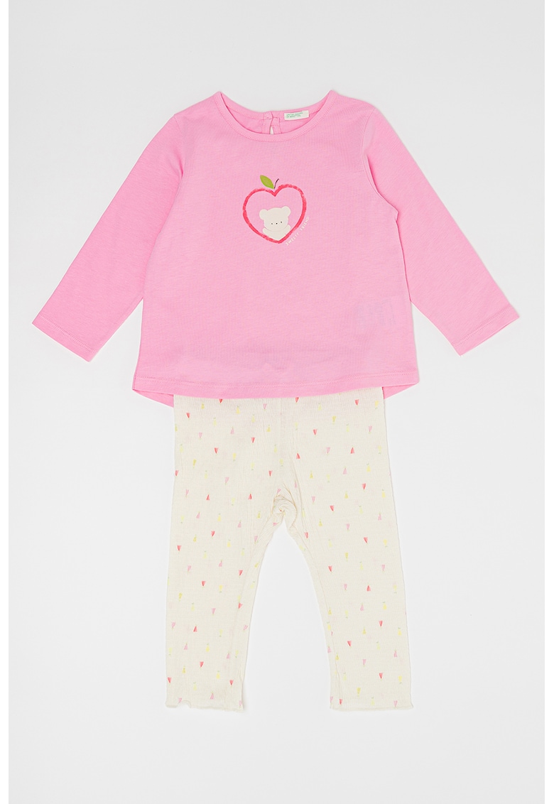 Set de bluza cu decolteu la baza gatului si colanti cu imprimeu - 2 piese