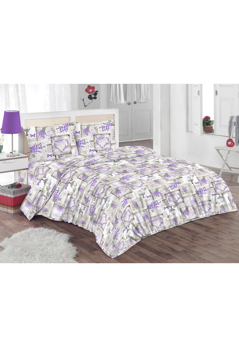 Lenjerie de pat pentru 2 persoane Pastel - 100% bumbac - imprimeu lavanda si fluturi - 132 TC - Mov/Gri