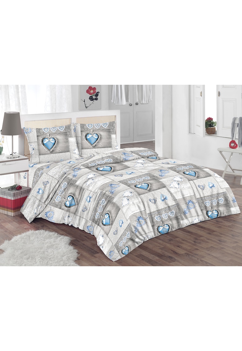 Lenjerie de pat pentru 2 persoane Pastel - 100% bumbac - inimi albastre - 132 TC -Gri/Albastru