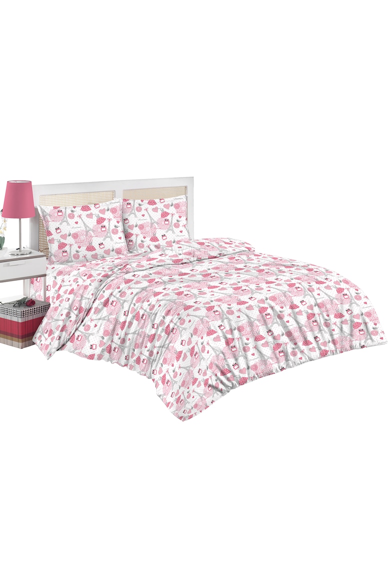 Set lenjerie de pat (cearsaf + husa pilota + 2 huse perne) pentru pat de dimensiuni 160×200 cm – 132TC – 100% bumbac – gri/roz fashiondays.ro imagine noua