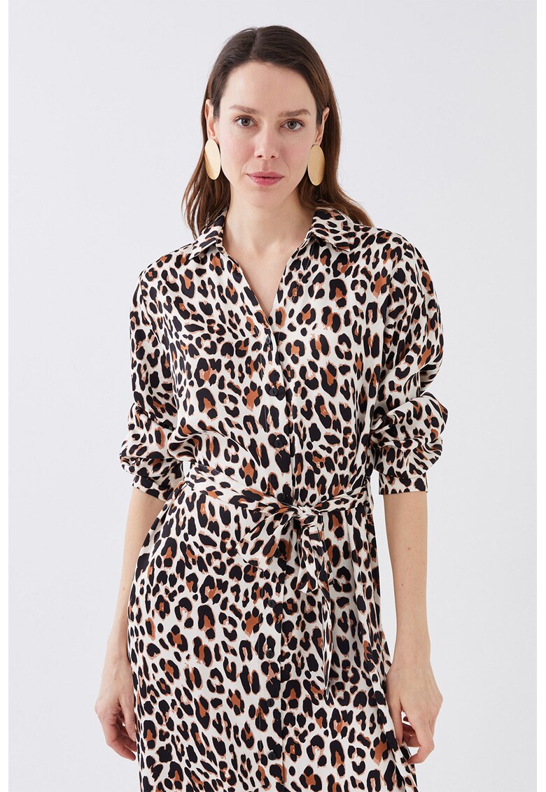 Rochie-camasa de satin cu animal print