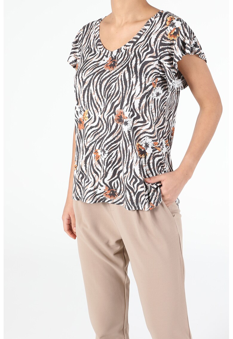 Tricou cu decolteu in v si model animal print si floral