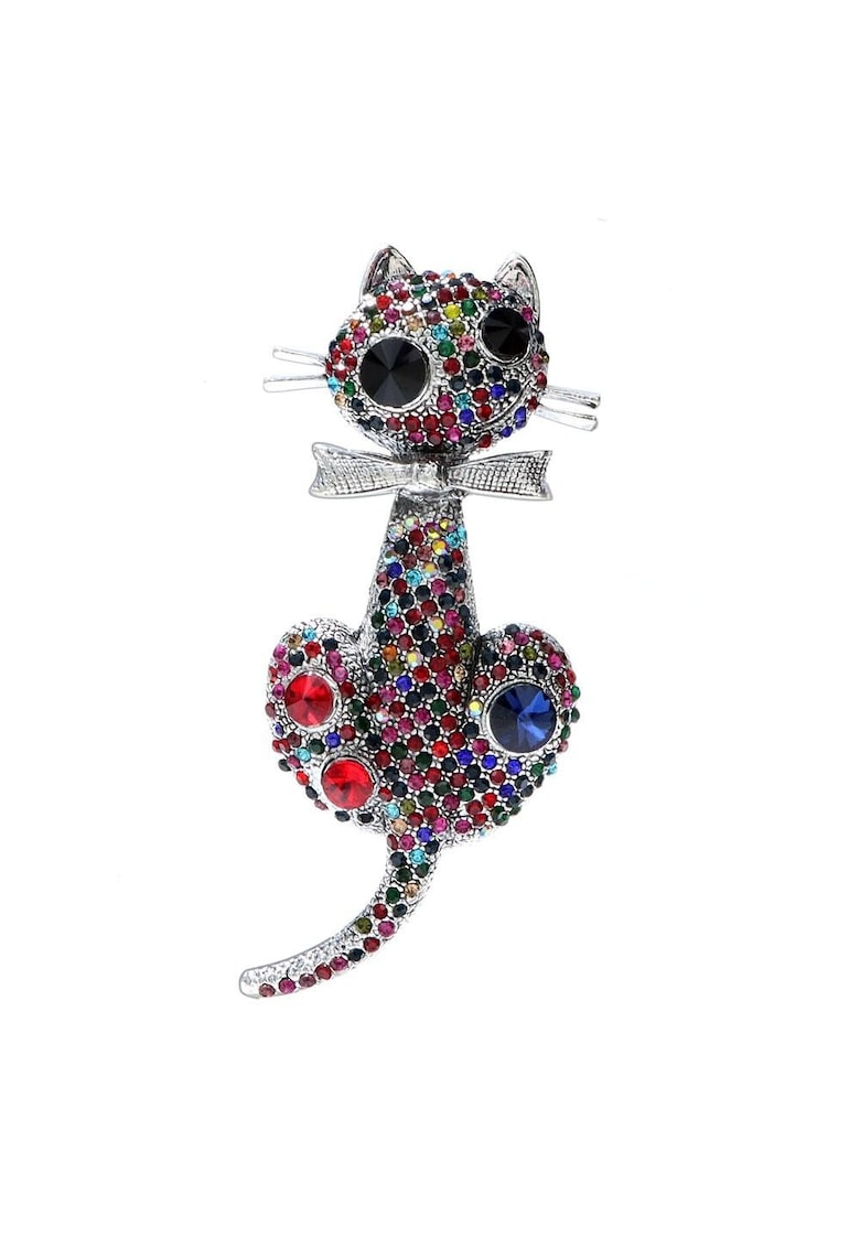 Brosa argintie - forma de pisica - cu pietre multicolore - Seier C6 -