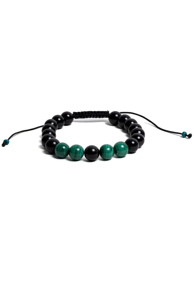Bratara cu snur barbati - din pietre semipretioase de obsidian si malachit - margele de 8mm - 17-18cm