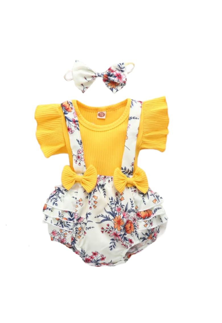 Set Compleu Cu Bluza Galbena - Pantaloni Bufanti Si Bentita Fete - Maneca scurta - Multicolor