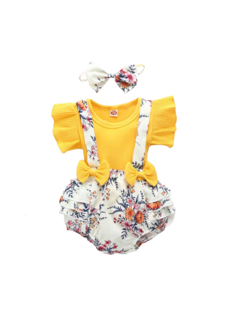 Set Compleu Cu Bluza Galbena - Pantaloni Bufanti Si Bentita Fete - Maneca scurta - Multicolor