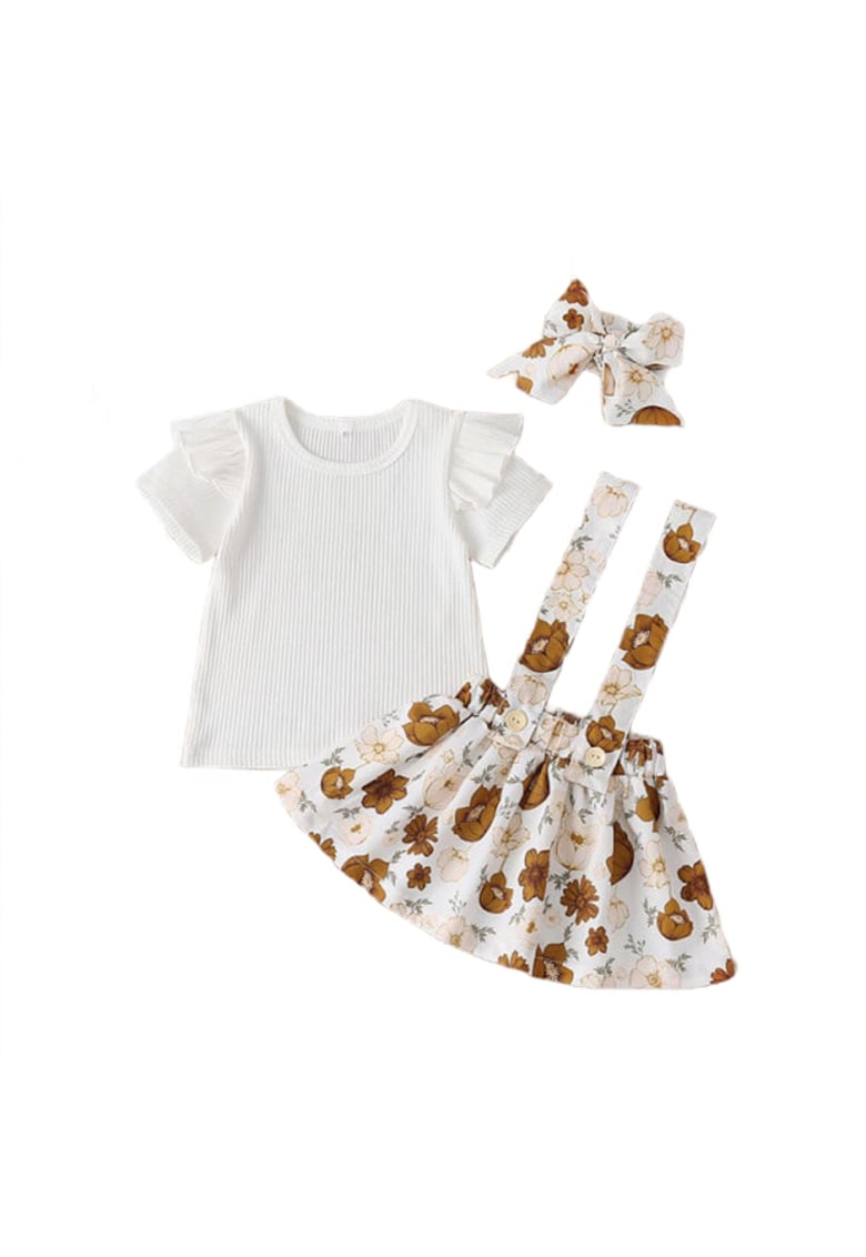 Set Sarafan Cu Bluzita Alba Si Bentita Asortata Model Flowers - Fete - Maneca scurta - Multicolor