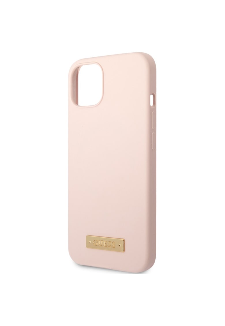 Husa de protectie silicone metal logo magsafe compatibila pentru iphone 13 - roz