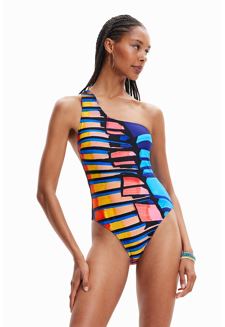 Costum de baie intreg cu decolteu pe un umar si imprimeu abstract - Negru/Roz/Albastru