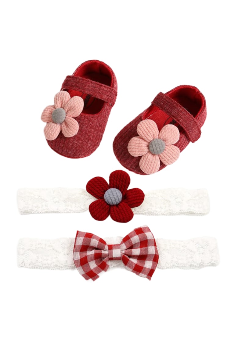 Set Pantofi Si Doua Bentite Model Margareta Roz - Textil - Fete - Visiniu