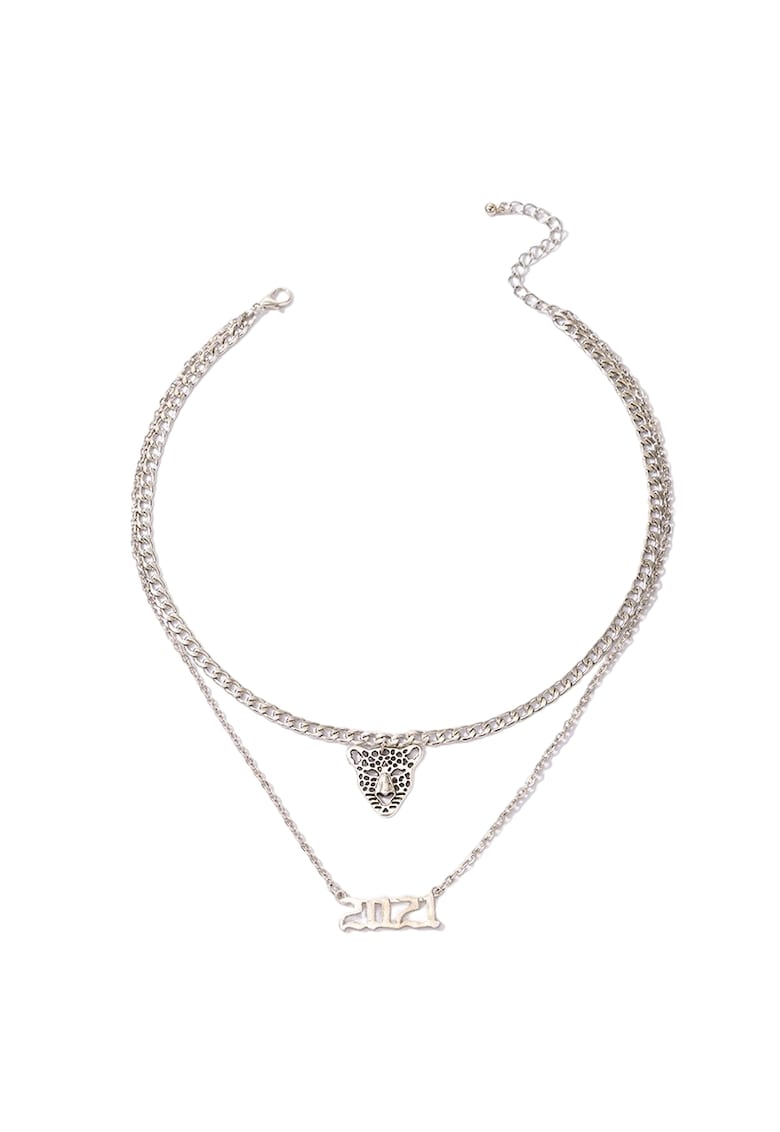 Colier argintiu - in 2 straturi - cu pandantiv in forma de pantera - Tayler C22 -