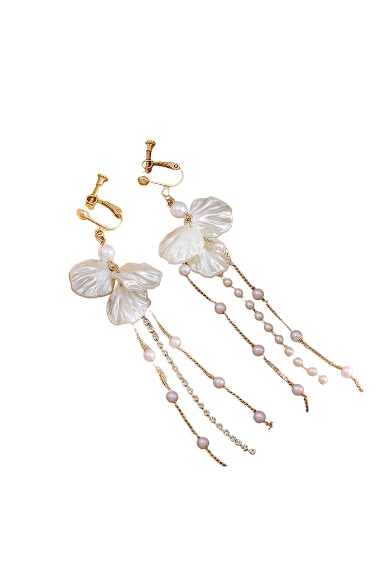 Cercei aurii - lungi - cu clips - flori si perle - Samson C3 -