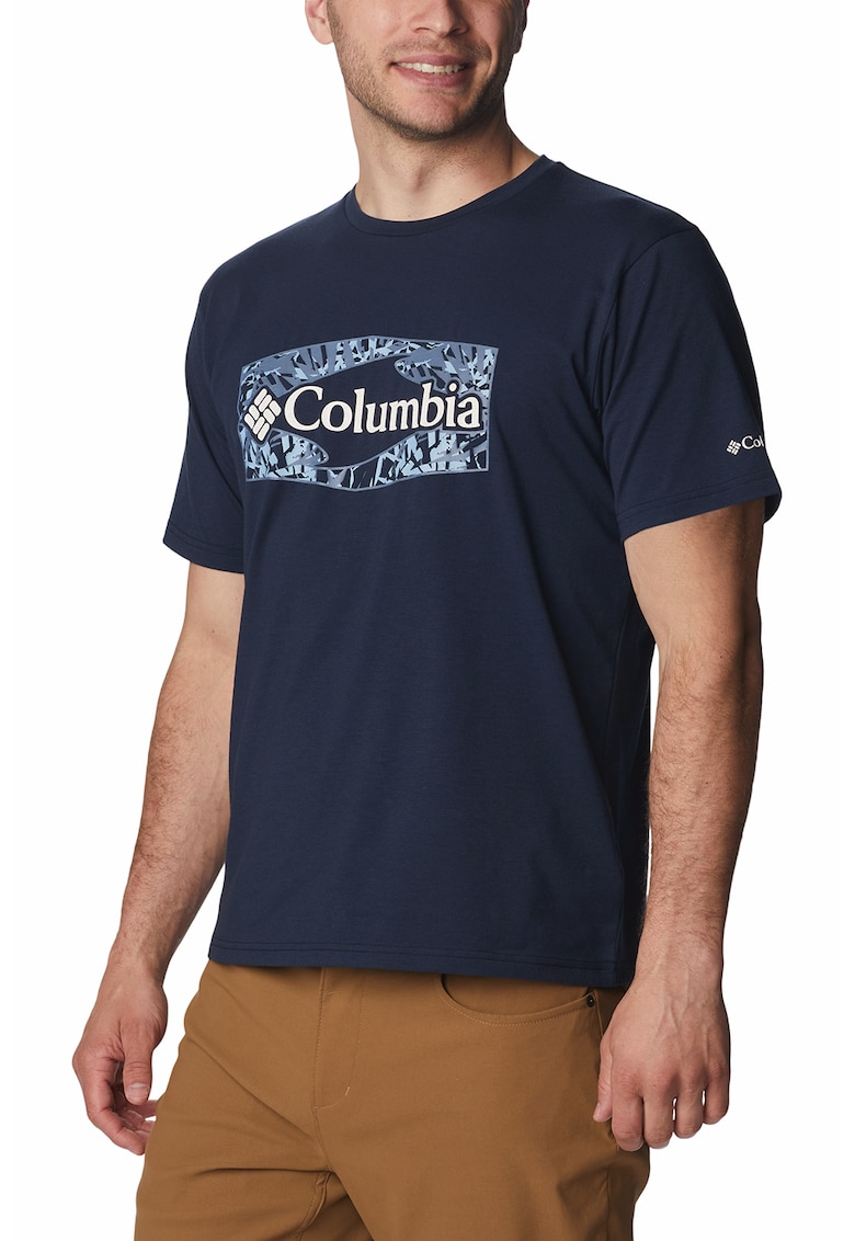Tricou cu imprimeu logo - pentru trekking si drumetii Sun Trek - Alb/Albastru ultramarin/Albastru prafuit