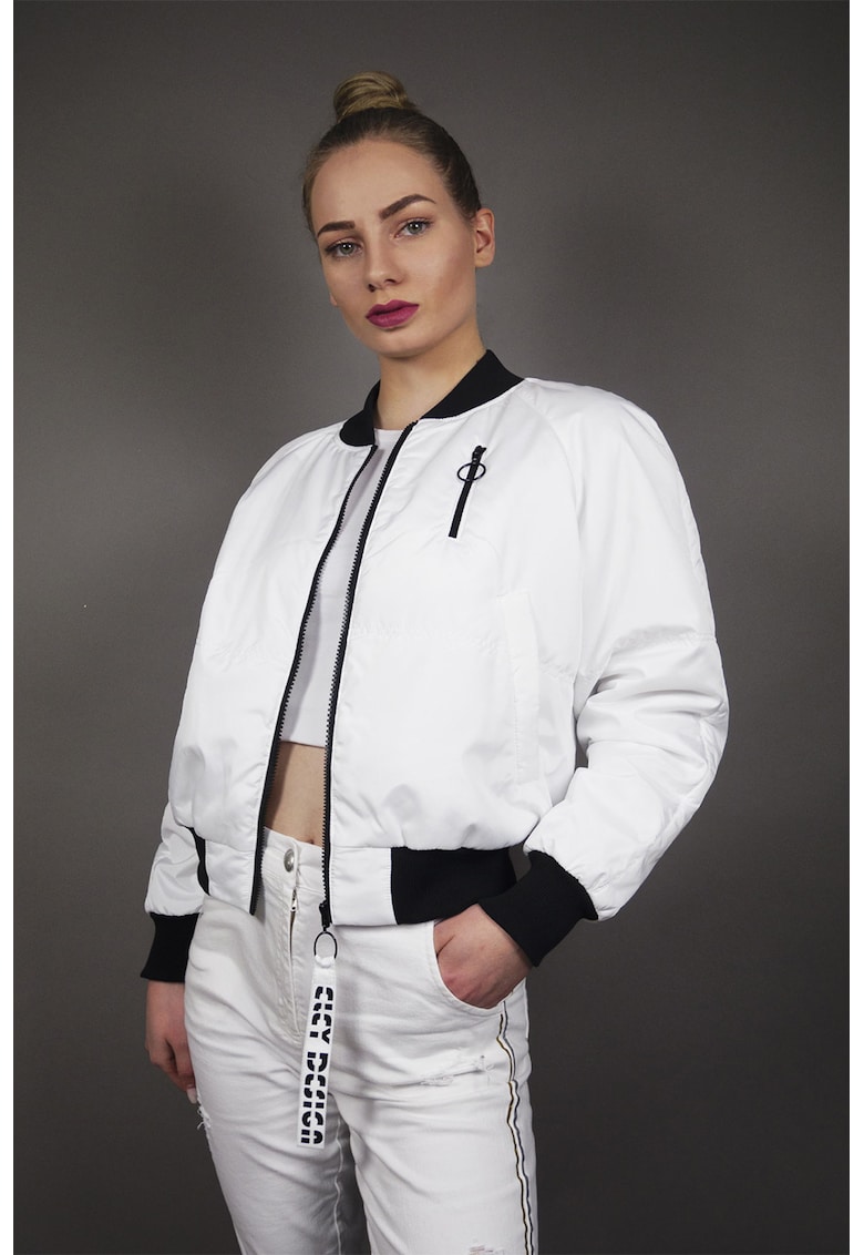 Jacheta bomber crop cu imprimeu logo