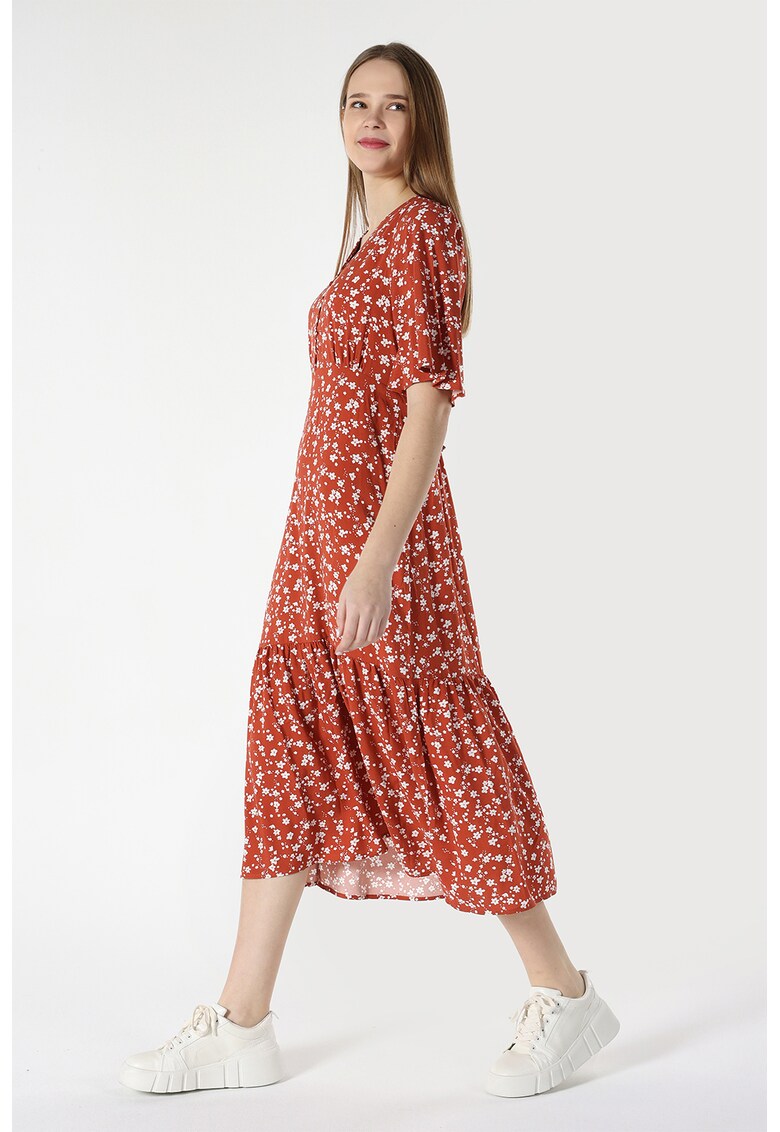 . Rochie midi cu decolteu in V si model floral
