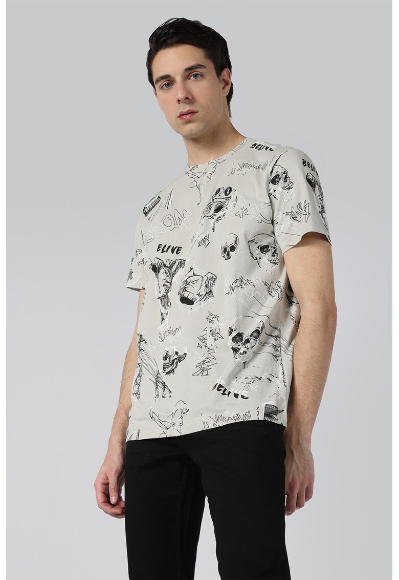 Tricou de bumbac cu imprimeu grafic - Gri deschis