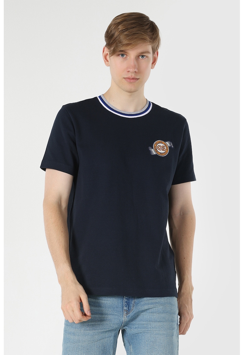Tricou din pique de bumbac cu decolteu la baza gatului - Bleumarin