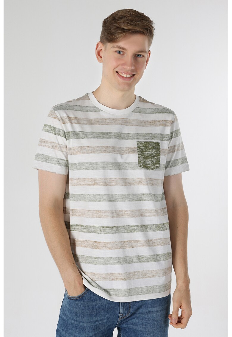 Tricou in dungi cu buzunar aplicat pe piept - Kaki