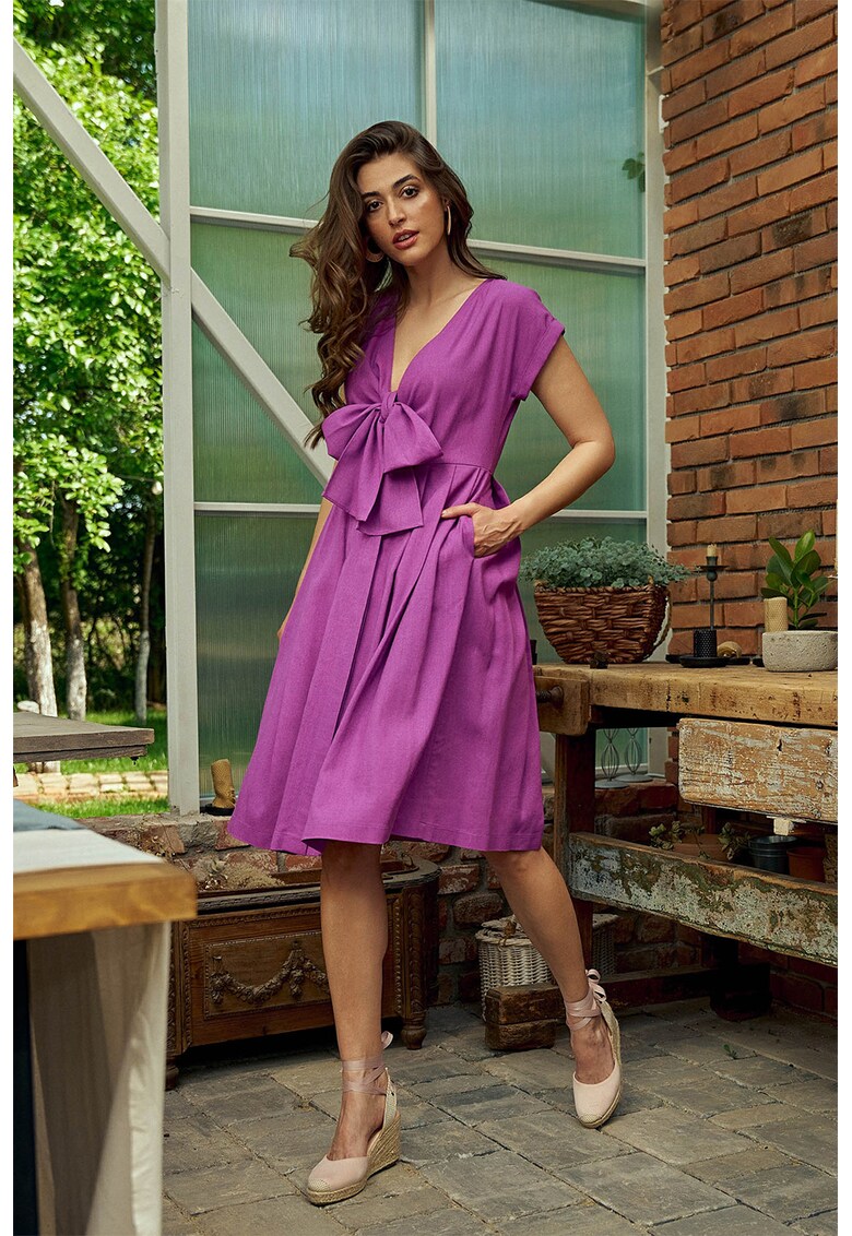 Rochie din amestec de in cu funda frontala Clarisse