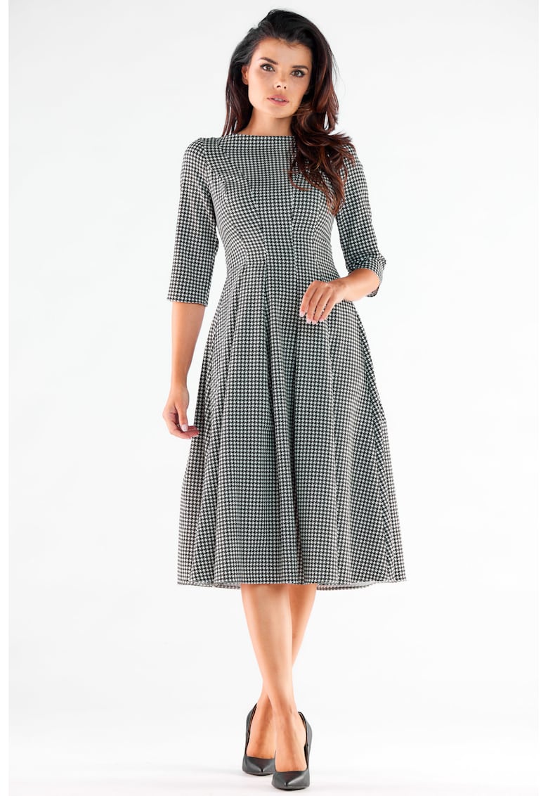Midi Rochie Maneca trei sferturi A519 - Alb/Gri