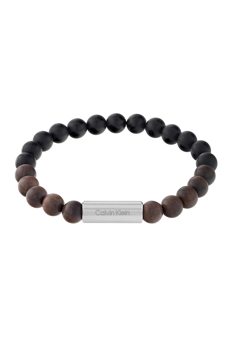Bratara decorata cu onyx si lemn - Negru/Maro/Argintiu