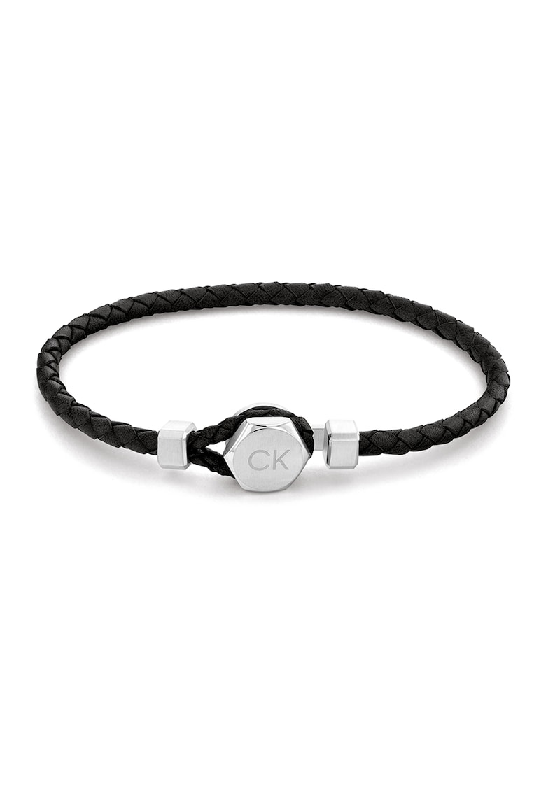 Bratara de piele cu talisman logo - Negru/Argintiu
