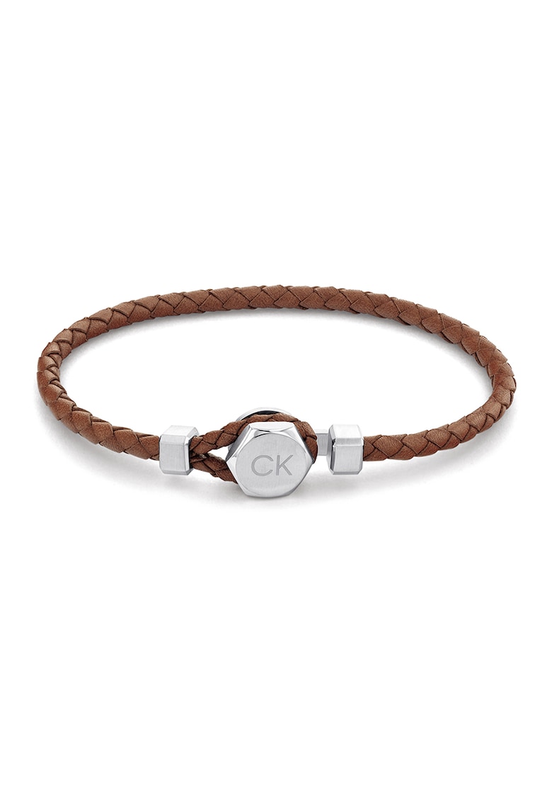 Bratara de piele cu talisman logo - Maro/Argintiu