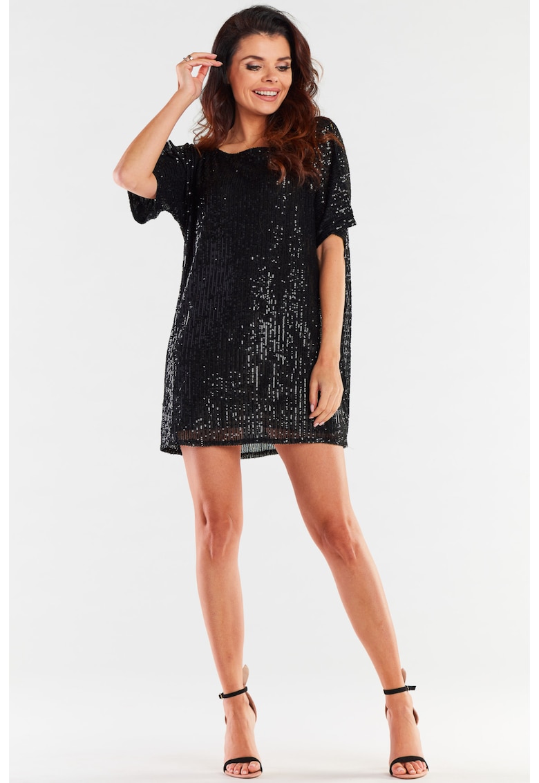 Rochie mini oversize cu paiete si maneca scurta - - Negru