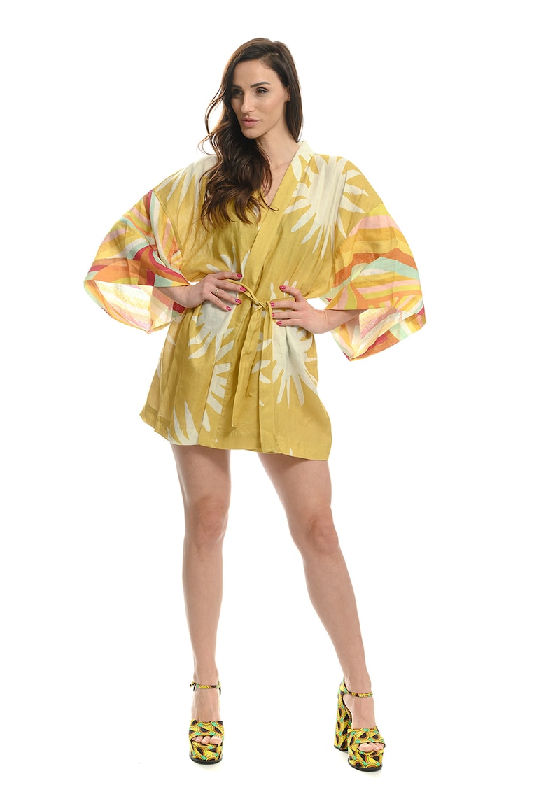 Kimono de plaja – din in – cu dungi si model grafic
