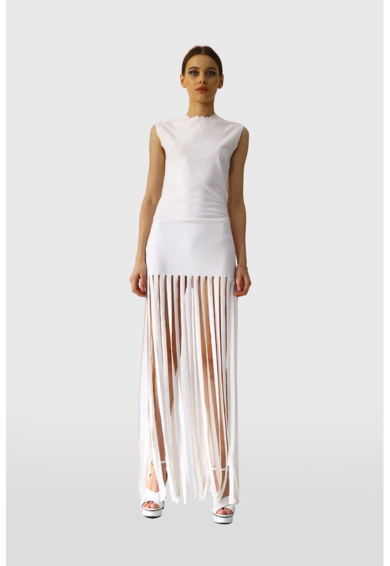 Rochie fara maneci cu franjuri - Alb