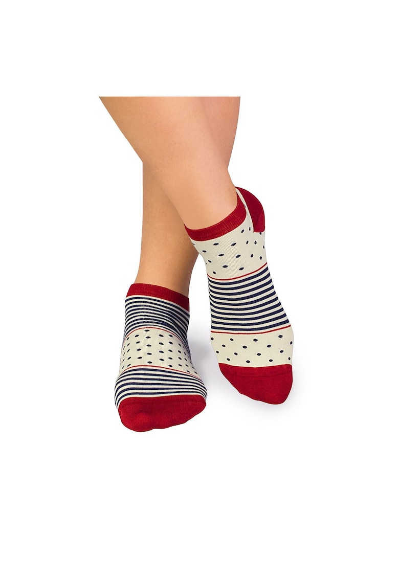 Sosete scurte bambus FINE BAMBOO cu buline si dungi ecru albastru inchis