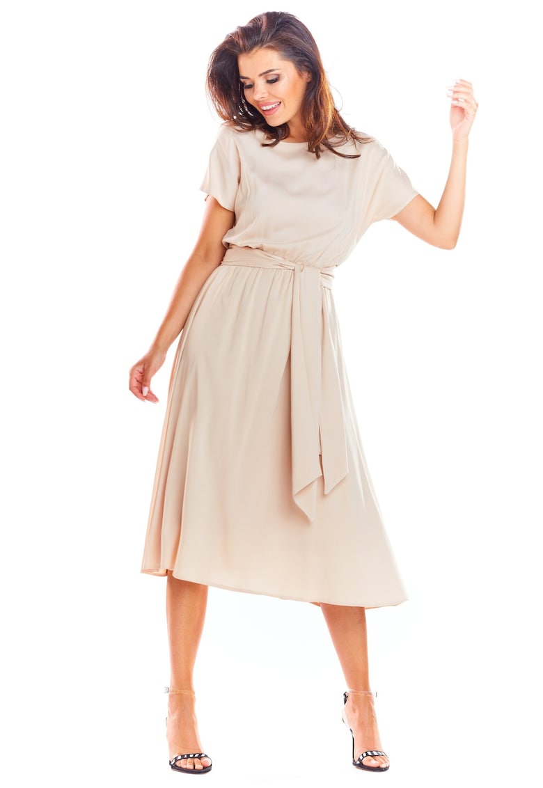 Rochie midi vaporoasa tip chimono din viscoza cu maneci scurte - - Bej