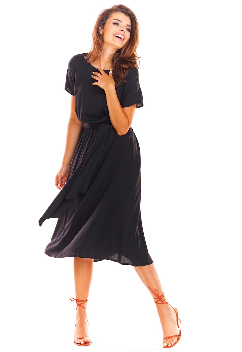 Rochie midi vaporoasa tip chimono din viscoza cu maneci scurte - - Negru