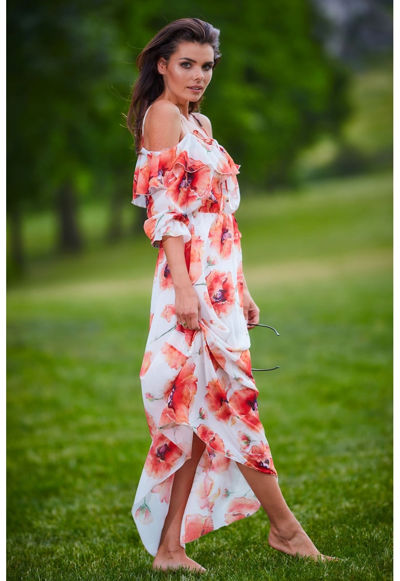 Rochie - Poliester - Alb/Rosu