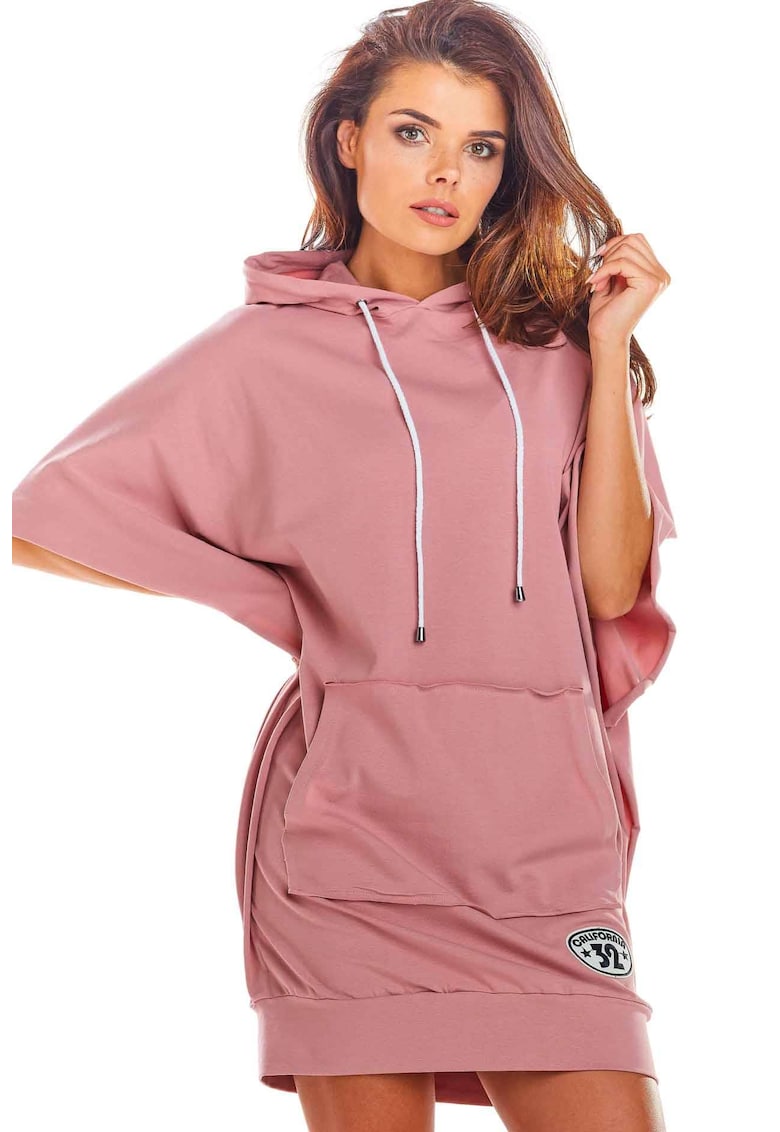 Rochie mini din bumbac cu gluga si maneci tip chimono - - Roz