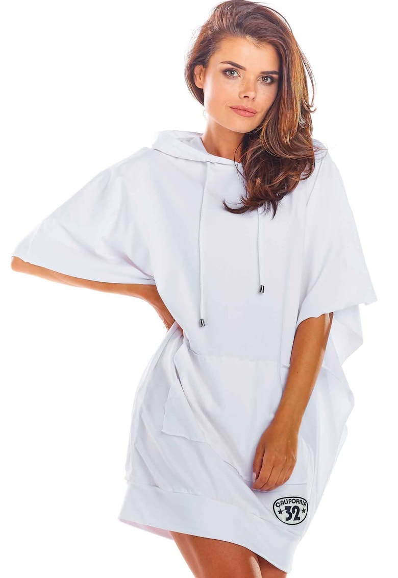 Rochie mini din bumbac cu gluga si maneci tip chimono - - Alb