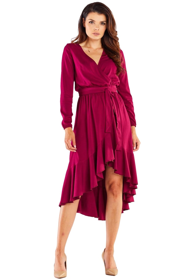 Rochie asimetrica midi din viscoza cu maneci lungi - - Visiniu