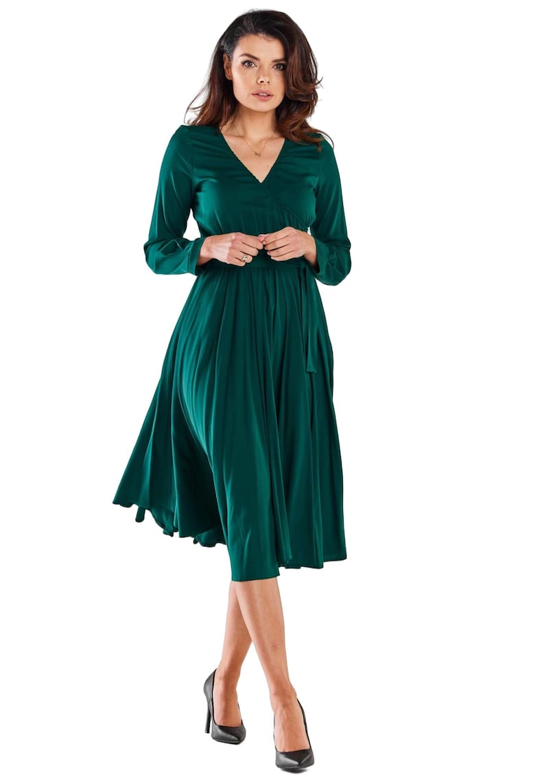 Rochie midi in clos cu decolteu petrecut din viscoza - - Verde