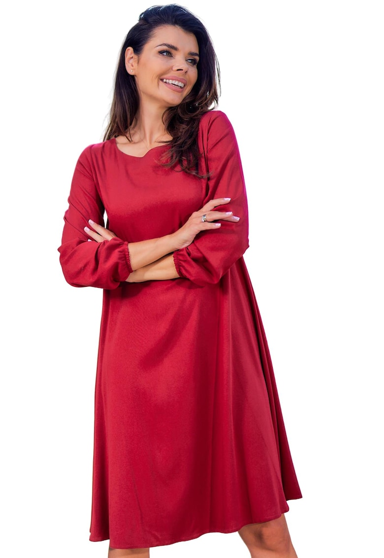 Rochie trapez din viscoza cu maneci lungi - - Rosu