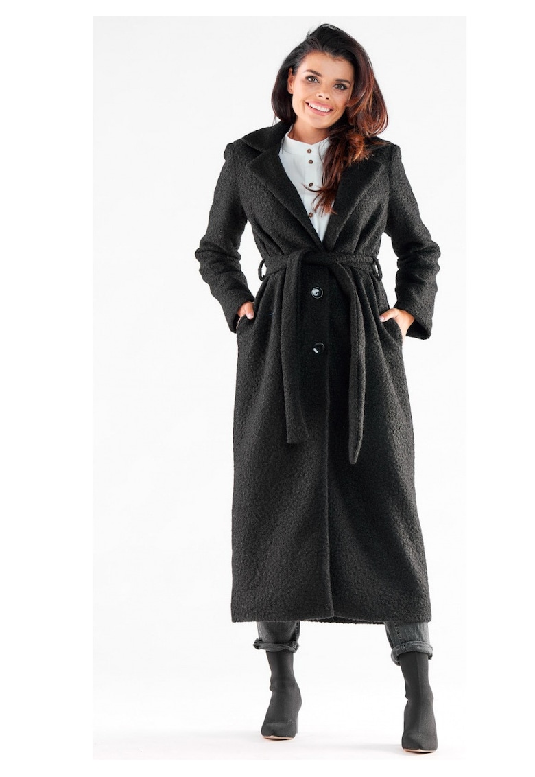 Palton lung elegant cu croiala clasica si nasturi - - Negru