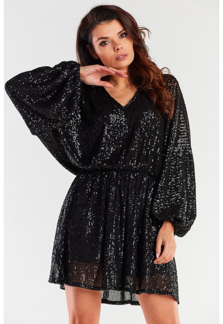 Rochie stralucitoare cu maneci largi - Poliester - Negru -